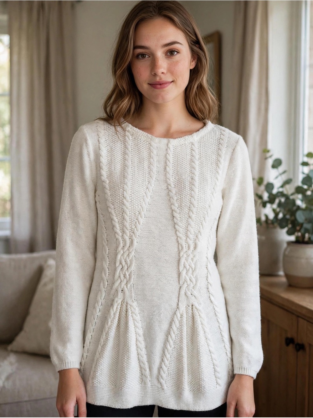 Cupio Ivory Cable-Knit Long Sleeve Sweater Dress